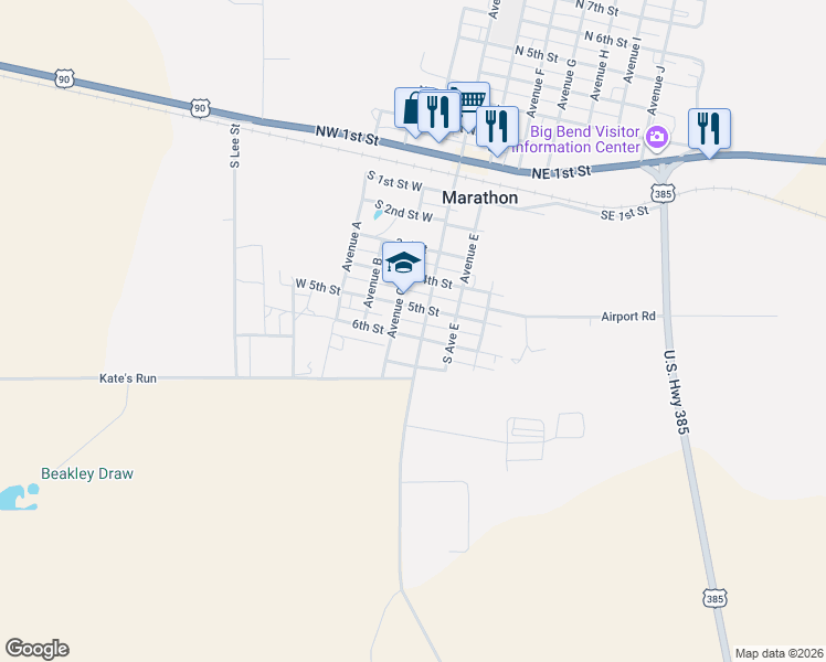 map of restaurants, bars, coffee shops, grocery stores, and more near 301 S Avenue D in Alpine