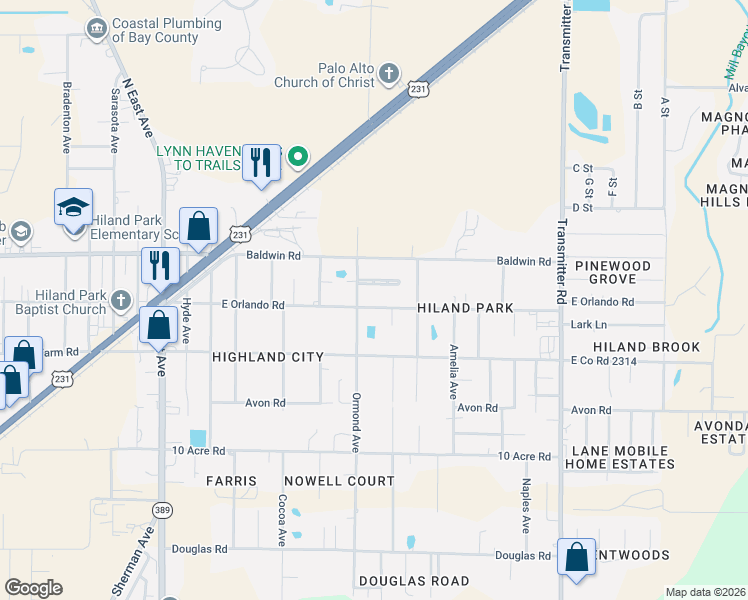 map of restaurants, bars, coffee shops, grocery stores, and more near 3116 Debra Boulevard in Panama City