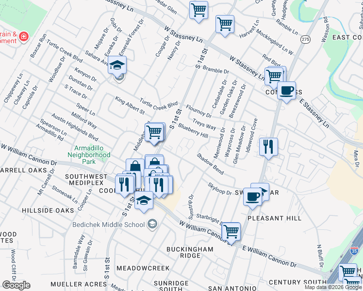 map of restaurants, bars, coffee shops, grocery stores, and more near 512 Eberhart Lane in Austin