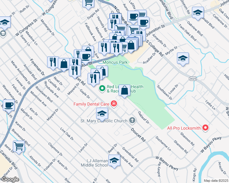 map of restaurants, bars, coffee shops, grocery stores, and more near 301 Doucet Road in Lafayette