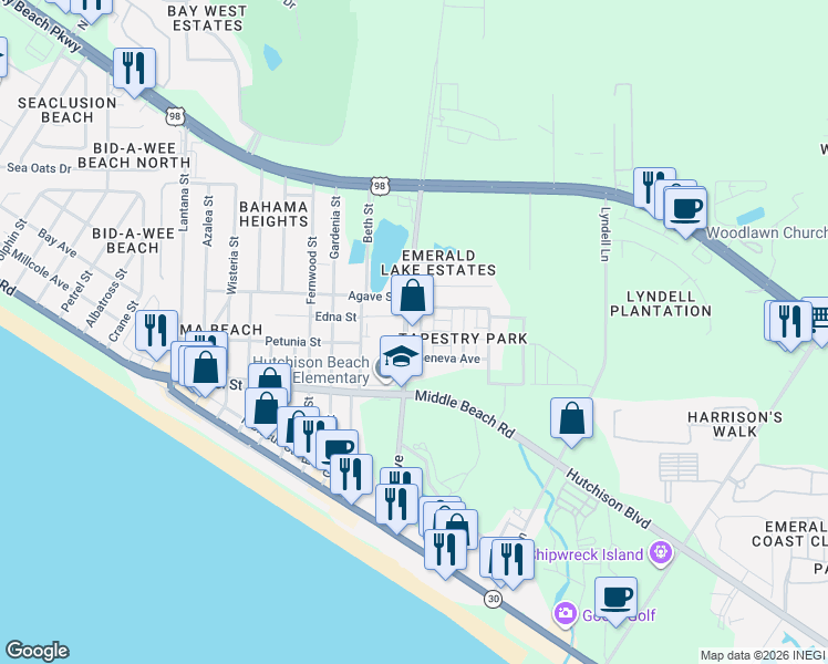 map of restaurants, bars, coffee shops, grocery stores, and more near 553-569 Clara Avenue in Panama City Beach