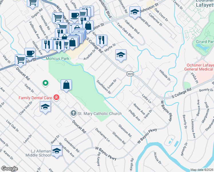 map of restaurants, bars, coffee shops, grocery stores, and more near 100-198 South Southlawn Drive in Lafayette