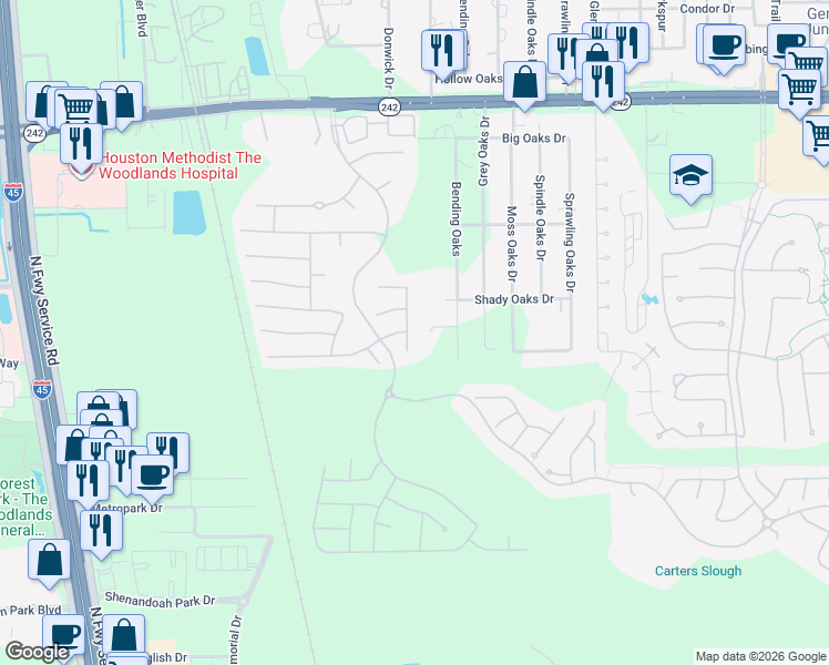 map of restaurants, bars, coffee shops, grocery stores, and more near 17235 Rookery Court in Conroe