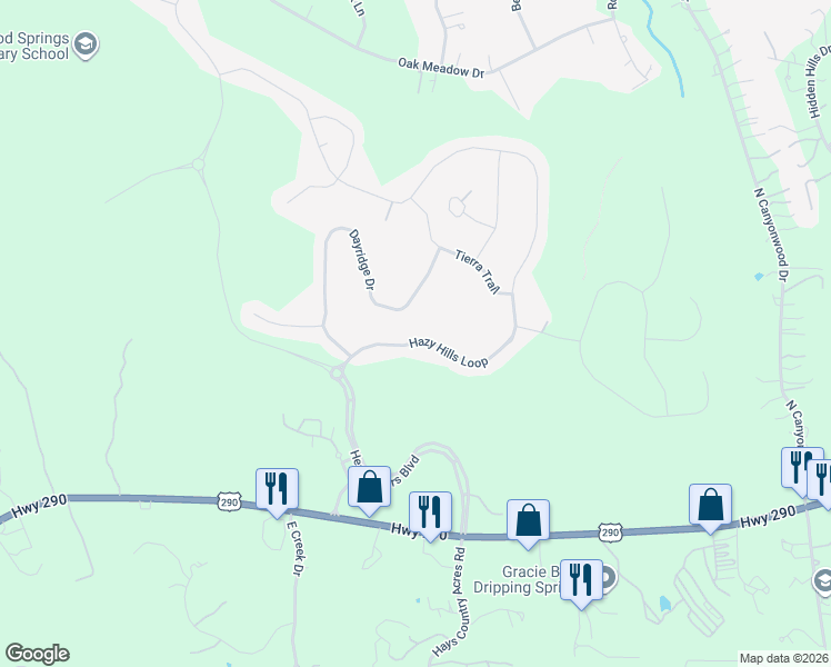 map of restaurants, bars, coffee shops, grocery stores, and more near 341 Hazy Hills Loop in Dripping Springs