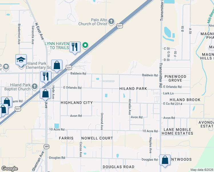 map of restaurants, bars, coffee shops, grocery stores, and more near 3116 Debra Boulevard in Panama City