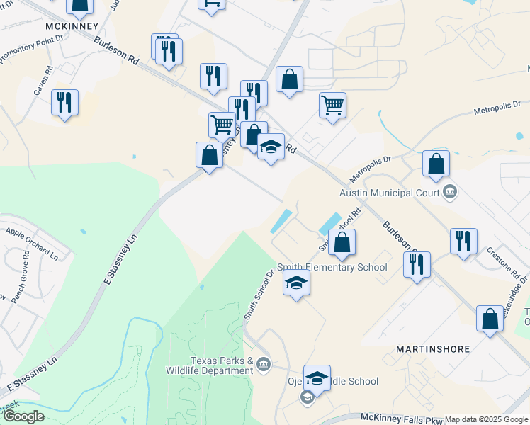 map of restaurants, bars, coffee shops, grocery stores, and more near 6301 East Stassney Lane in Austin