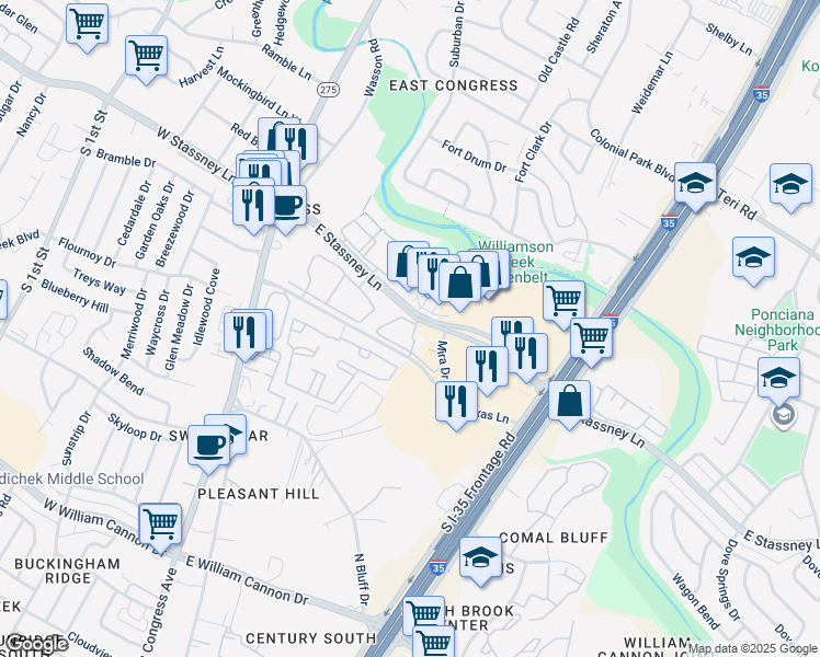 map of restaurants, bars, coffee shops, grocery stores, and more near 625 East Stassney Lane in Austin