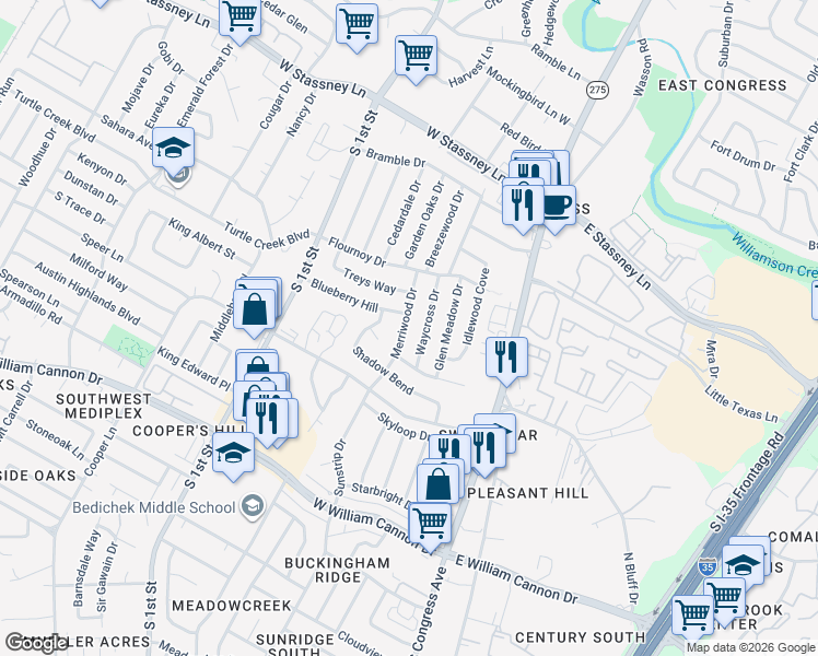 map of restaurants, bars, coffee shops, grocery stores, and more near 6102 Merriwood Drive in Austin