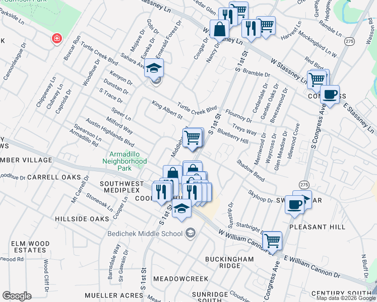 map of restaurants, bars, coffee shops, grocery stores, and more near 711 Eberhart Lane in Austin