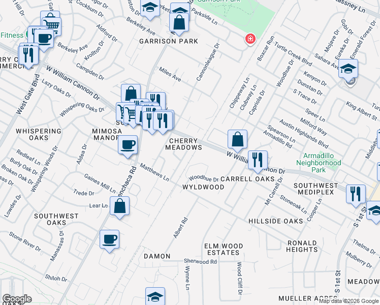map of restaurants, bars, coffee shops, grocery stores, and more near 6905 Cherry Meadow Drive in Austin