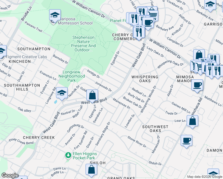 map of restaurants, bars, coffee shops, grocery stores, and more near 2710 Jorwoods Drive in Austin