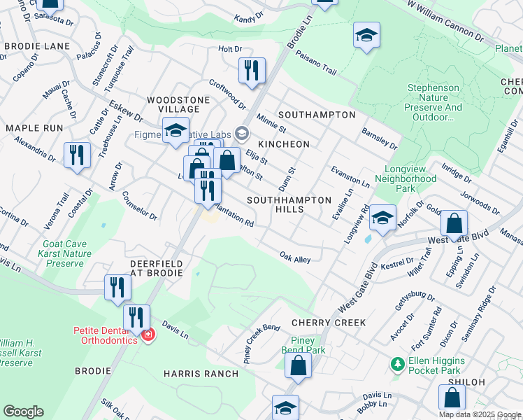 map of restaurants, bars, coffee shops, grocery stores, and more near 8100 Dunn Street in Austin