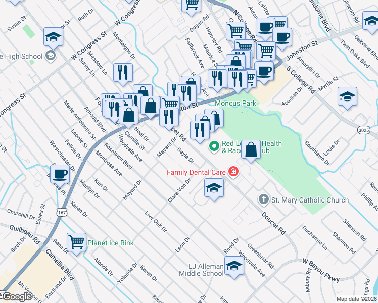 map of restaurants, bars, coffee shops, grocery stores, and more near 200-220 Doucet Road in Lafayette