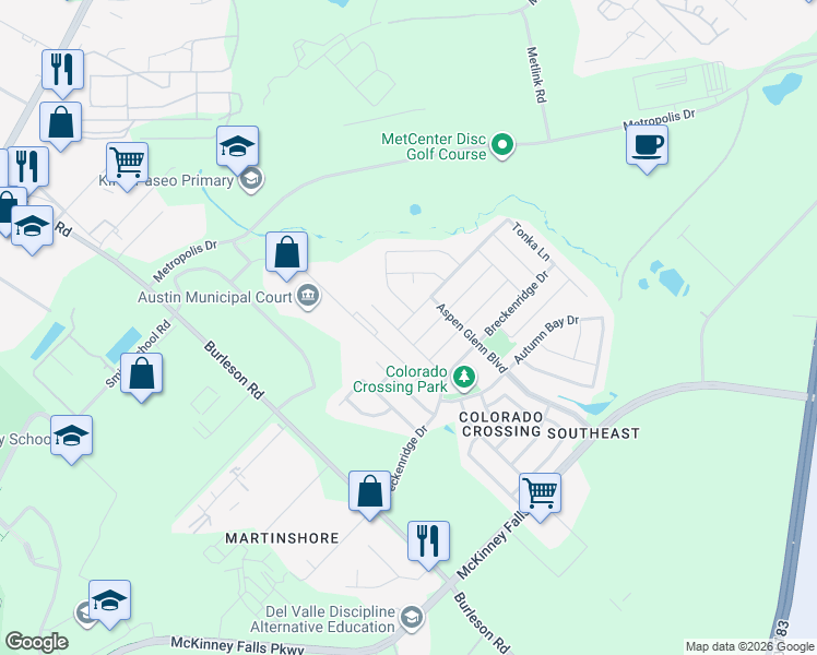 map of restaurants, bars, coffee shops, grocery stores, and more near 3817 Colorado High Avenue in Austin