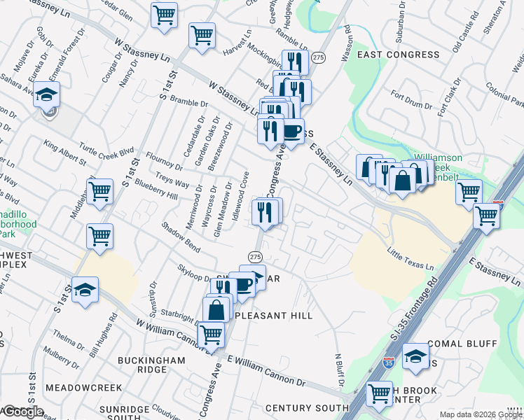 map of restaurants, bars, coffee shops, grocery stores, and more near 5924 South Congress Avenue in Austin