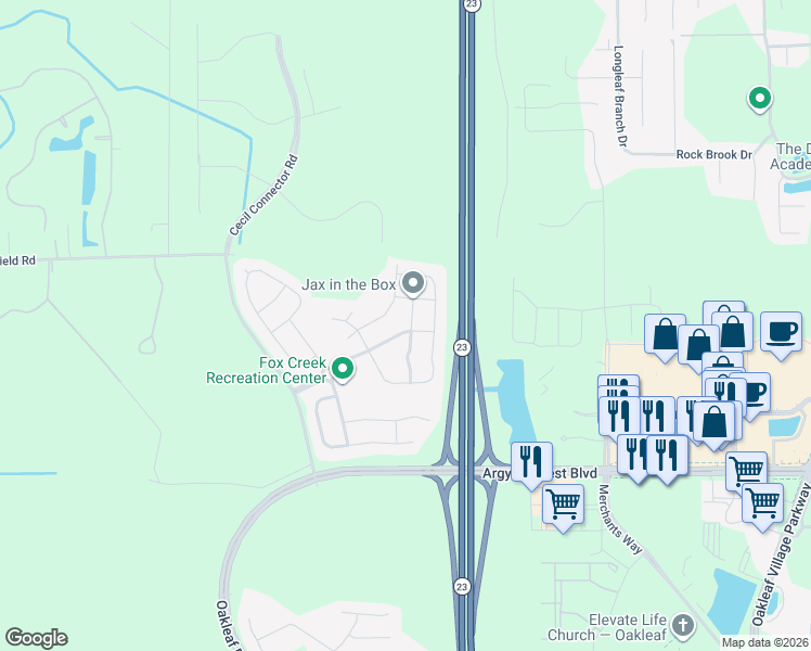 map of restaurants, bars, coffee shops, grocery stores, and more near 8076 Dancing Fox Street in Jacksonville