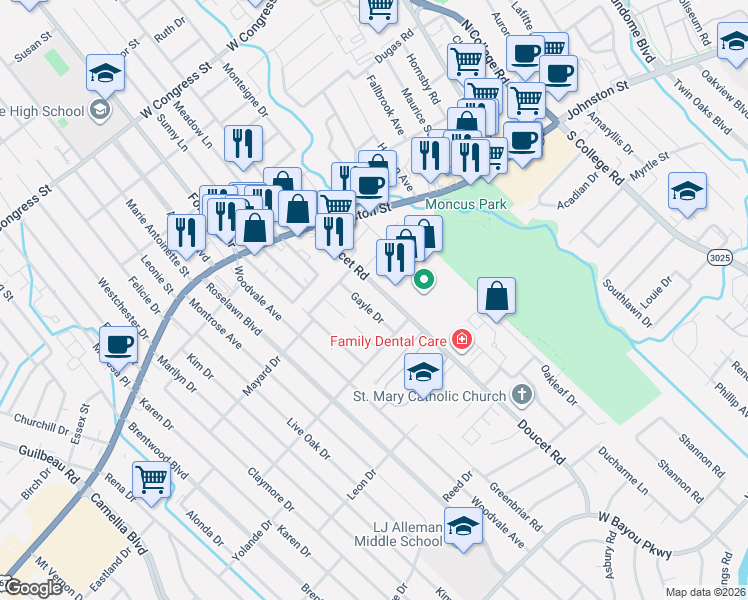map of restaurants, bars, coffee shops, grocery stores, and more near 200-220 Doucet Road in Lafayette