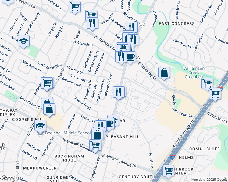 map of restaurants, bars, coffee shops, grocery stores, and more near 6000 South Congress Avenue in Austin