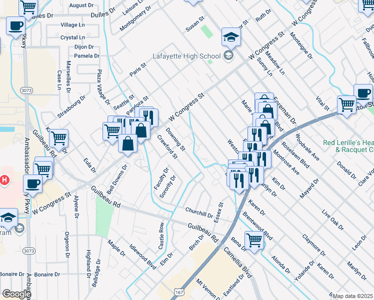 map of restaurants, bars, coffee shops, grocery stores, and more near 222 Downing Street in Lafayette