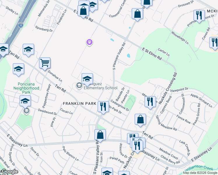 map of restaurants, bars, coffee shops, grocery stores, and more near 4501 Revere Road in Austin