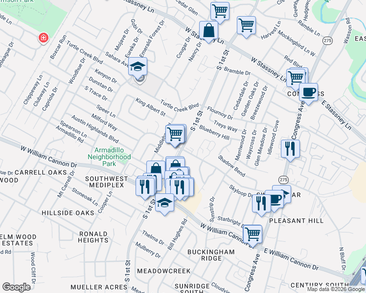 map of restaurants, bars, coffee shops, grocery stores, and more near 6311 South 1st Street in Austin