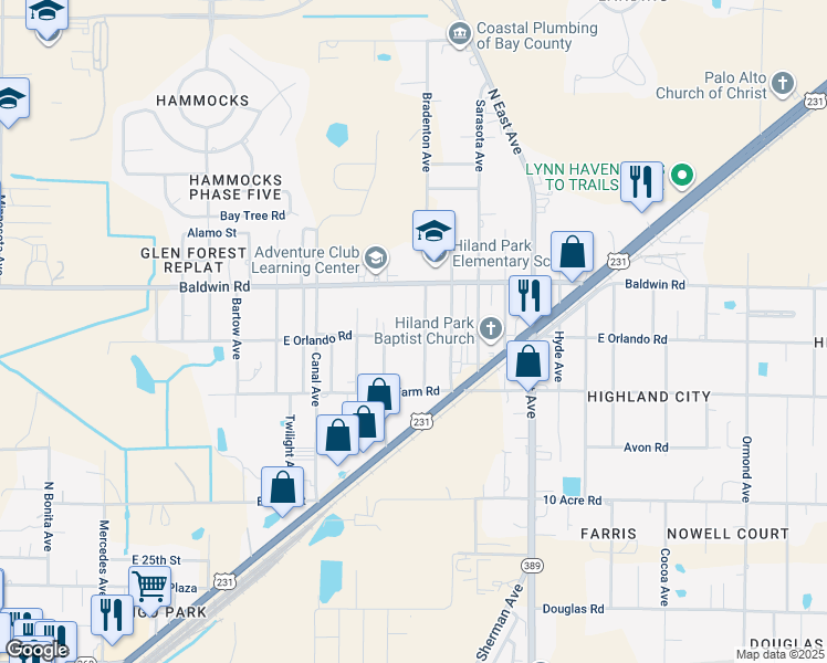 map of restaurants, bars, coffee shops, grocery stores, and more near 2425 East Orlando Road in Panama City