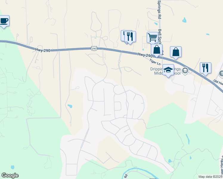 map of restaurants, bars, coffee shops, grocery stores, and more near 160 Pink Granite Blvd in Dripping Springs
