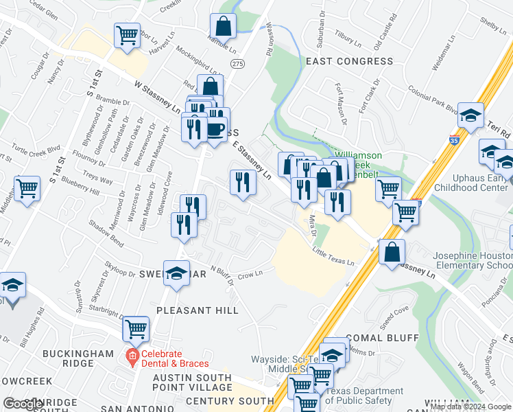 map of restaurants, bars, coffee shops, grocery stores, and more near 420 Little Texas Lane in Austin