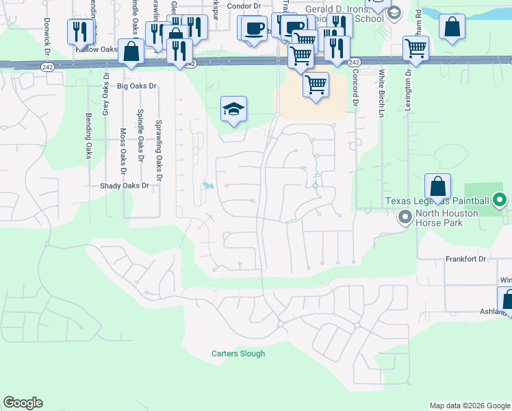 map of restaurants, bars, coffee shops, grocery stores, and more near 9944 Common Hawker Court in Conroe