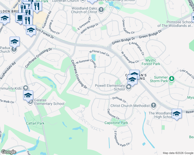 map of restaurants, bars, coffee shops, grocery stores, and more near 42 South Summer Cloud Drive in Spring