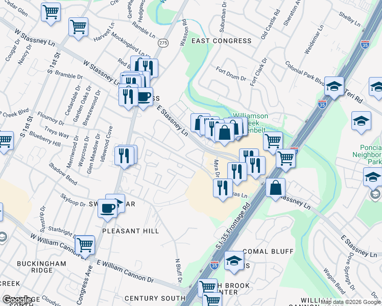 map of restaurants, bars, coffee shops, grocery stores, and more near 625 East Stassney Lane in Austin