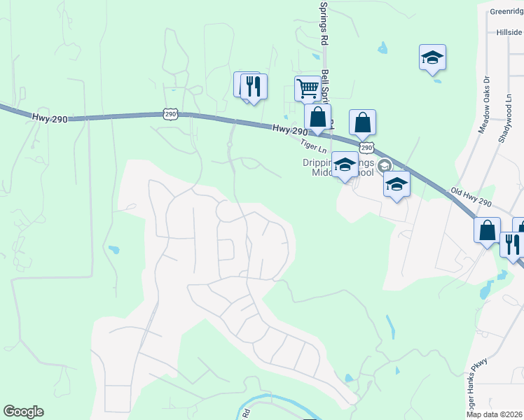 map of restaurants, bars, coffee shops, grocery stores, and more near 367 Pink Granite Blvd in Dripping Springs