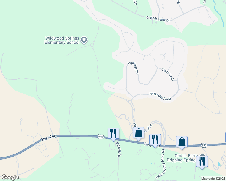 map of restaurants, bars, coffee shops, grocery stores, and more near 205 Townes Court in Dripping Springs