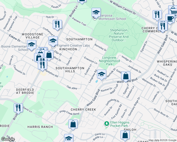 map of restaurants, bars, coffee shops, grocery stores, and more near 3111 Jeanne Marie Court in Austin