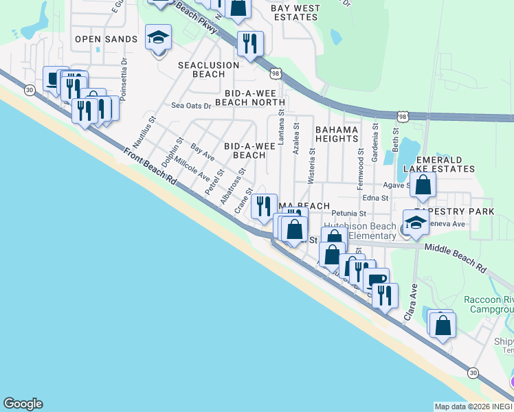 map of restaurants, bars, coffee shops, grocery stores, and more near 13626 Front Beach Road in Panama City Beach