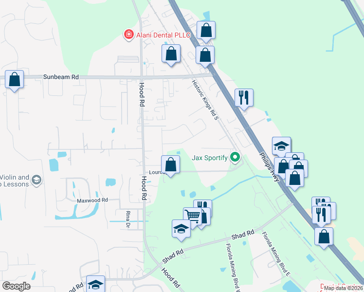 map of restaurants, bars, coffee shops, grocery stores, and more near 5035 Oak Bend Avenue in Jacksonville