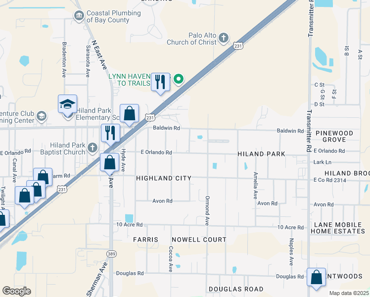 map of restaurants, bars, coffee shops, grocery stores, and more near 3023 East Orlando Road in Panama City