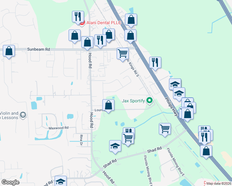 map of restaurants, bars, coffee shops, grocery stores, and more near 5035 Oak Bend Avenue in Jacksonville