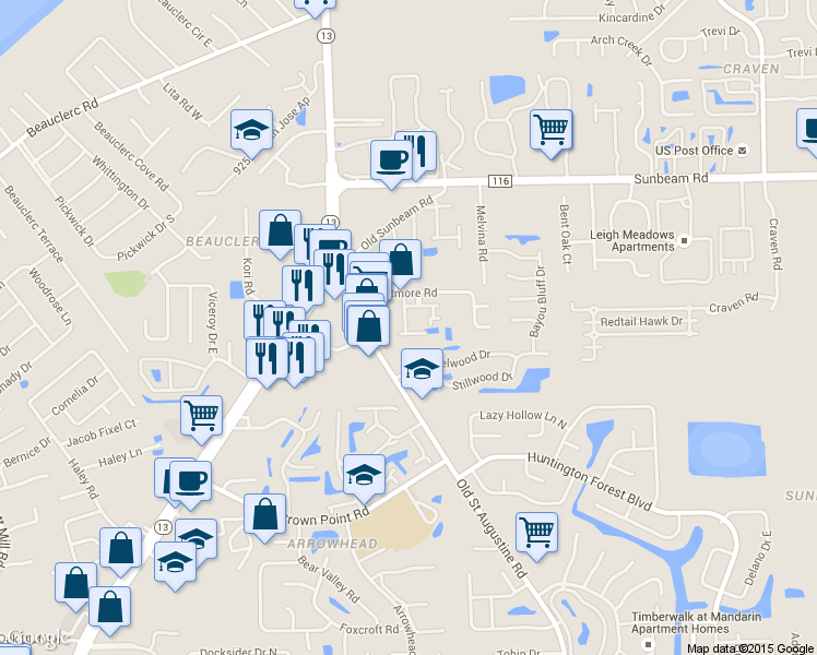 map of restaurants, bars, coffee shops, grocery stores, and more near 9770 Summer Grove Way East in Jacksonville