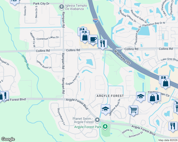 map of restaurants, bars, coffee shops, grocery stores, and more near 7077 Eagles Perch Drive in Jacksonville
