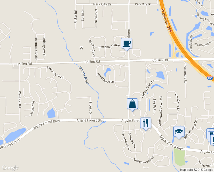 map of restaurants, bars, coffee shops, grocery stores, and more near 7428 Sweet Rose Lane in Jacksonville
