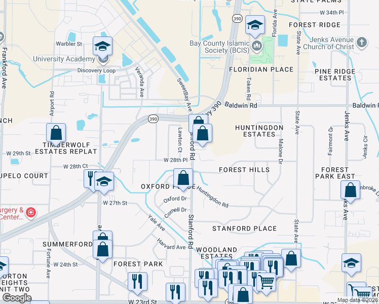 map of restaurants, bars, coffee shops, grocery stores, and more near 3019 Stanford Road in Panama City