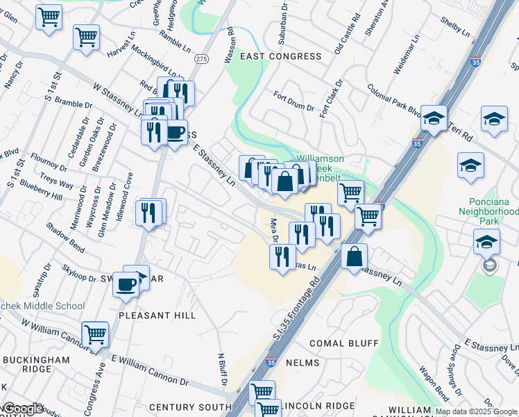 map of restaurants, bars, coffee shops, grocery stores, and more near 625 East Stassney Lane in Austin