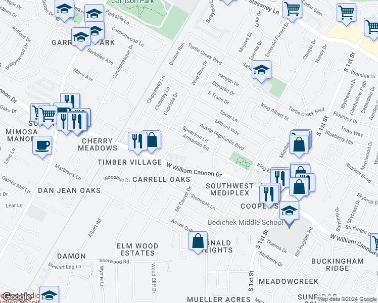 map of restaurants, bars, coffee shops, grocery stores, and more near 1204 Gingerlily Cove in Austin