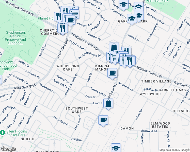 map of restaurants, bars, coffee shops, grocery stores, and more near 2109 Matthews Lane in Austin