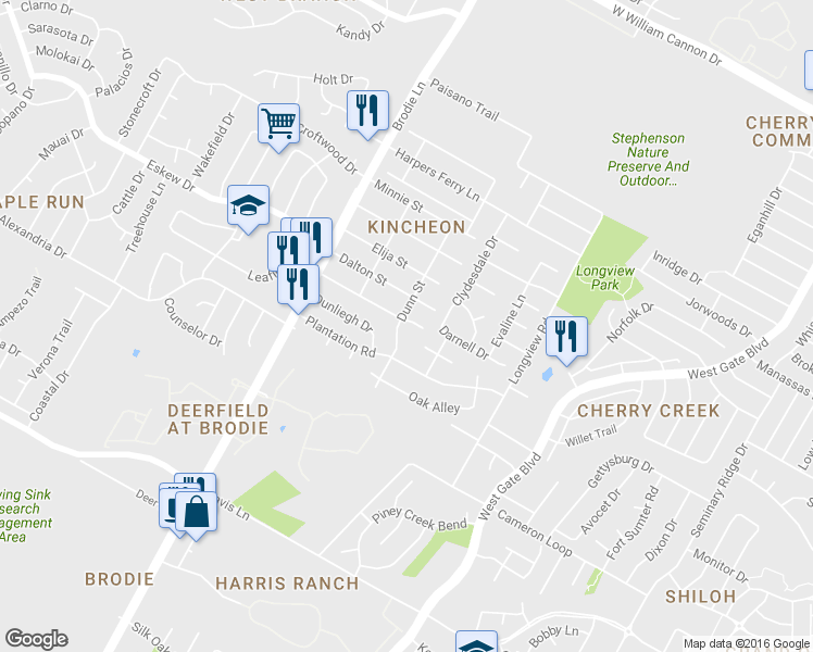map of restaurants, bars, coffee shops, grocery stores, and more near 8100 Dunn Street in Austin