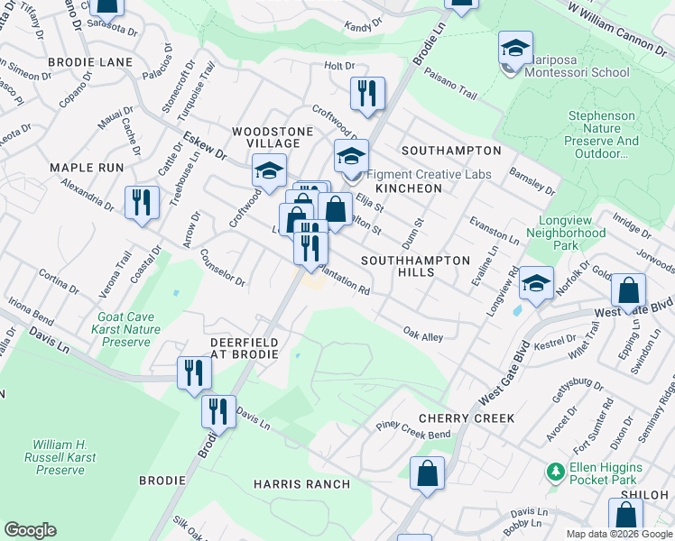 map of restaurants, bars, coffee shops, grocery stores, and more near 3414 Plantation Road in Austin