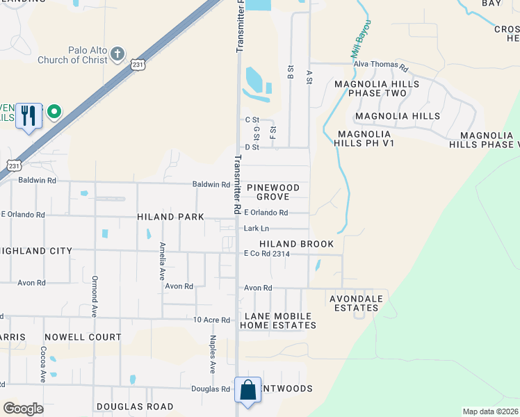 map of restaurants, bars, coffee shops, grocery stores, and more near 3523 East Orlando Road in Panama City