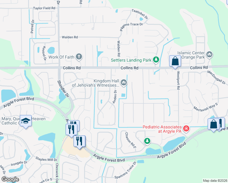 map of restaurants, bars, coffee shops, grocery stores, and more near 7734 Andes Drive in Jacksonville