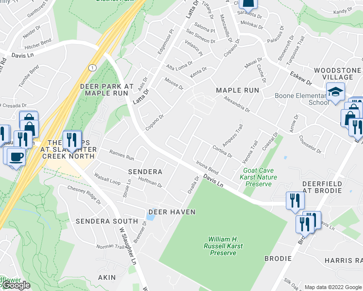 map of restaurants, bars, coffee shops, grocery stores, and more near 4409 East Hove Loop in Austin
